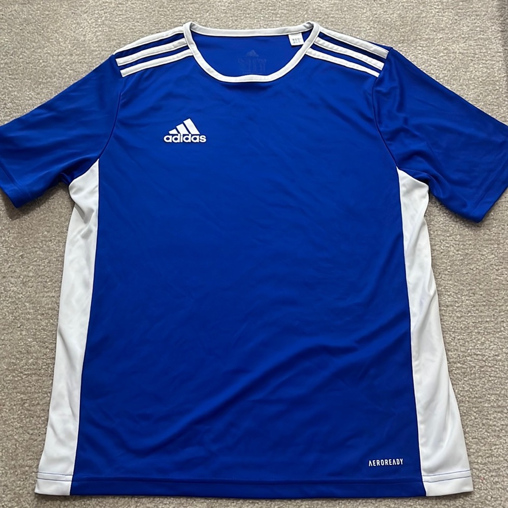 Boys Adidas blue and white soccer shirt. Size 13-14Y/Large